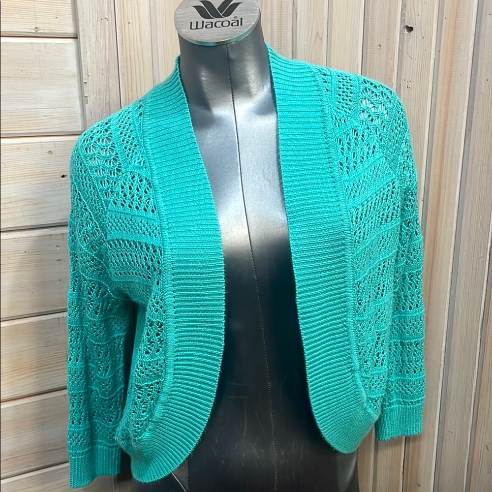 🌹89th & Madison Teal Open-Knit Shrug with Ribbed Trim